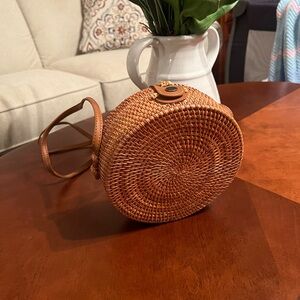 Round Woven Tan Crossbody Bag